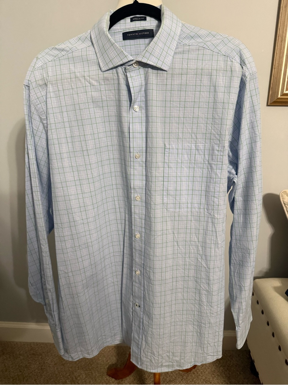 Tommy Hilfiger Men's Light Blue and Green Windowpane Button-Down Shirt